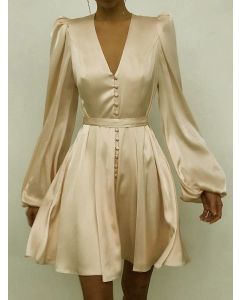 Khaki Single Breasted Ruffle V-neck Lantern Sleeve Sweet A-Line Mini Dress