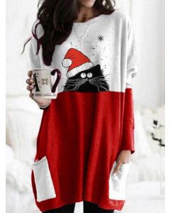 Red Patchwork Pockets Christmas Cat Print Long Sleeve Casual Sweatshirt