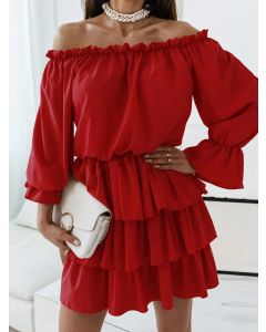Red Cascading Ruffle Off Shoulder Long Sleeve Sweet Mini Dress