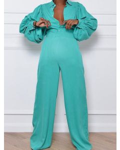 Green Single Breasted Turndown Collar Fashion Plus Size Maternity Long Jumpsuit