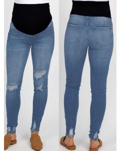 Blue Patchwork Pockets High Waisted Casual Maternity Long Ripped Jeans