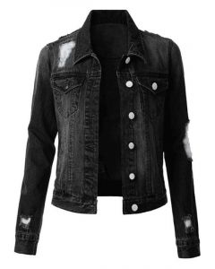 Black Single Breasted Pockets Turndown Collar Fashion Distressed Denim Jacket