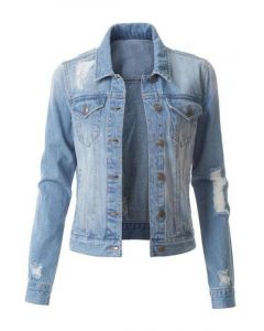 Light Blue Single Breasted Pockets Turndown Collar Fashion Distressed Denim Jacket