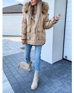 Khaki Zipper Pockets Faux Fur Hooded Fashion Maternity Padded Coat