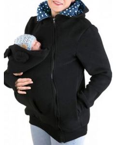 Black Polka Dot Zipper Pockets Multi-Functional Kangaroo Baby Bags Hooded Casual Maternity Baby Carrier Coat