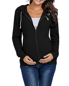 Black Zipper Drawstring Hooded Long Sleeve Casual Maternity Coat