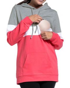 Pink Patchwork Drawstring Pockets Multi-Functional Breast Feeding Hooded Casual Maternity Nursing Sweatshirt
