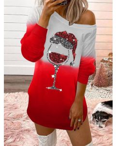 Red Patchwork Wine Glass Print Off Shoulder Long Sleeve Casual Christmas Mini Dress