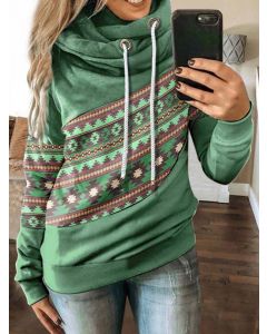 Grünes Langarm-Streetwear-Sweatshirt mit Kapuze mit Patchwork-Print und Kordelzug