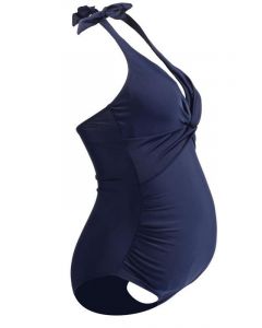 Traje de baño corbata de lazo cuello halter espalda descubierta una pieza cuello en V moda de maternidad azul marino.