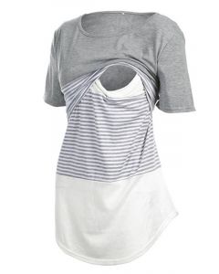 Grey Patchwork Striped Multi-Functional Breast Feeding Short Sleeve Casual Maternity Nursing T-Shirt