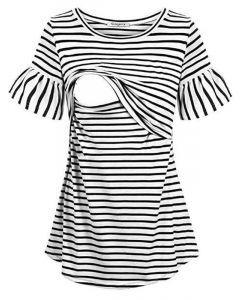 Black Striped Ruffle Multi-Functional Breast Feeding Short Sleeve Casual Maternity Nursing T-Shirt