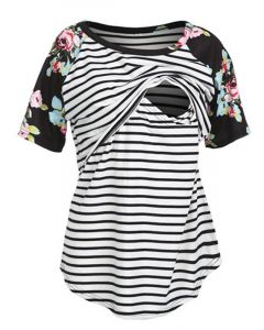 Black Patchwork Striped Flowers Multi-Functional Breast Feeding Short Sleeve Casual Maternity Nursing T-Shirt