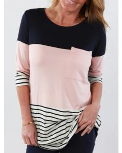 Pink Patchwork Striped Pockets Multi-Functional Breast Feeding Long Sleeve Casual Maternity Nursing T-Shirt