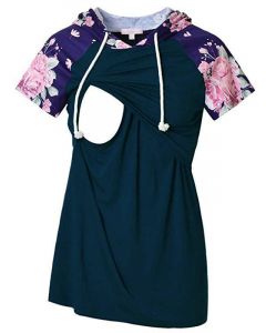 Navy Blue Patchwork Flowers Drawstring Multi-Functional Hooded Casual Maternity Nursing T-Shirt