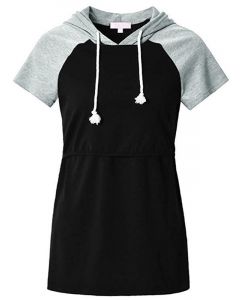 Black Patchwork Drawstring Multi-Functional Hooded Casual Maternity Nursing T-Shirt
