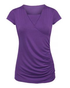 Purple Cross Chest Multi-Functional Breast Feeding Short Sleeve Casual Maternity Nursing T-Shirt