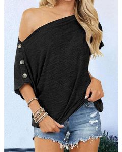 Black Buttons One-shoulder Comfy Short Sleeve Casual Maternity T-Shirt