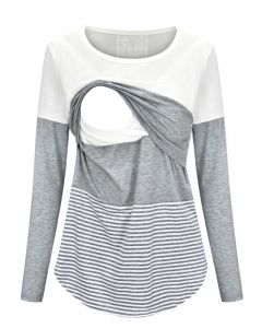 White Patchwork Striped Multi-Functional Breast Feeding Long Sleeve Casual Maternity Nursing T-Shirt