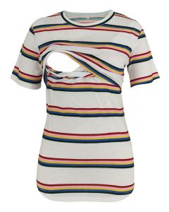 White Striped Multi-Functional Breast Feeding Short Sleeve Casual Maternity Nursing T-Shirt