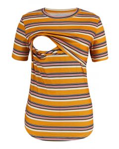 Yellow Striped Multi-Functional Breast Feeding Short Sleeve Casual Maternity Nursing T-Shirt