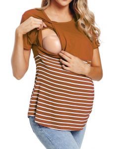 Coffee Patchwork Striped Multi-Functional Breast Feeding Short Sleeve Casual Maternity Nursing T-Shirt