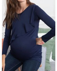 Navy Blue Ruffle Multi-Functional Breast Feeding Long Sleeve Casual Maternity Nursing T-Shirt