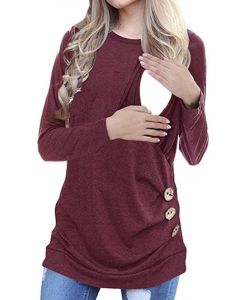 Wine Red Buttons Multi-Functional Breast Feeding Long Sleeve Casual Maternity Nursing T-Shirt