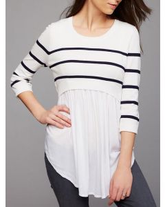 White Patchwork Striped Ruffle Multi-Functional Breast Feeding Round Neck Casual Maternity Nursing T-Shirt
