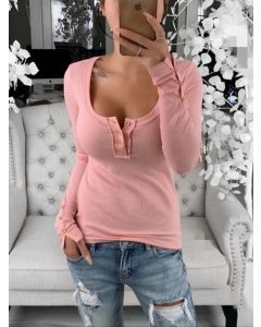 Pink Patchwork Leopard Buttons Scoop Neck Long Sleeve Fashion T-Shirt