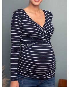 Navy Blue Striped Cross Chest Multi-Functional Breast Feeding Long Sleeve Casual Maternity Nursing T-Shirt