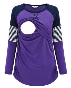 Purple Patchwork Striped Multi-Functional Breast Feeding Long Sleeve Casual Maternity Nursing T-Shirt