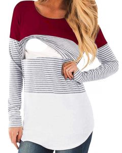 Red Patchwork Striped Multi-Functional Breast Feeding Long Sleeve Casual Maternity Nursing T-Shirt
