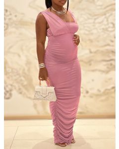Pink Irregular Ruched Bodycon Sleeveless Fashion Maternity Maxi Dress