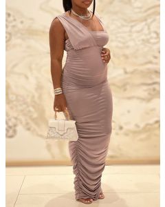 Khaki Irregular Ruched Bodycon Sleeveless Fashion Maternity Maxi Dress