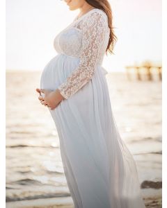 White Patchwork Lace Tie Back Maternity For Babyshower Long Sleeve Elegant Maternity Maxi Dress