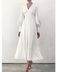 White Single Breasted Front Slit V-neck Lantern Sleeve Elegant A-Line Maxi Dress