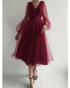 Red Grenadine Tulle A-Line Puff Sleeve Elegant Maxi Dress