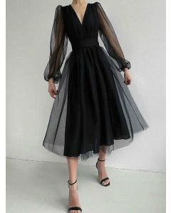 Black Grenadine Tulle A-Line Puff Sleeve Elegant Maxi Dress