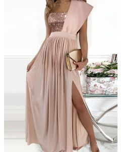 Pink Patchwork Sequin Bandeau Side Slit One-shoulder Sleeveless Fashion Maternity Maxi Dress
