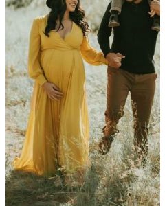 Yellow Belt Cross Chest Side Slit Maternity For Babyshower Long Sleeve Elegant Maternity Maxi Dress