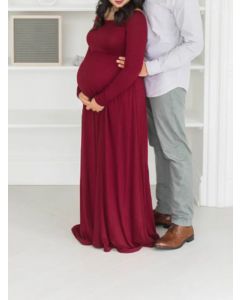 Wine Red Pockets Maternity For Babyshower Long Sleeve Elegant Maternity Maxi Dress