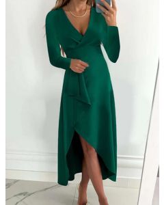 Green Irregular Side Slit Cross Chest Long Sleeve Elegant Maternity Midi Dress