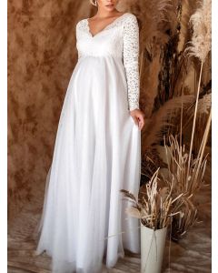 White Patchwork Lace Maternity For Babyshower V-neck Elegant Maternity Maxi Dress
