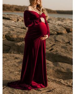 Weinrotes drapiertes schulterfreies Umstandskleid für Babyshower langärmliges elegantes Umstands-Maxikleid