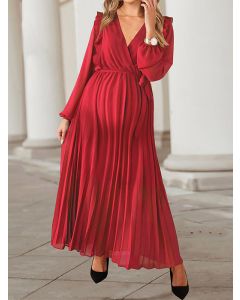 Robe longue ceinture plissée poitrine croisée grande balançoire col en V maternité élégante rouge