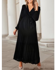 Maxi vestido cinturón plisado cruzado en el pecho manga larga elegante columpio grande de maternidad negro