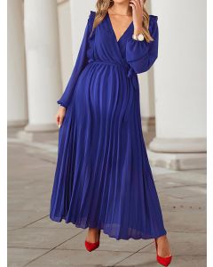 Dark Blue Pleated Belt Cross Chest Big Swing V-neck Elegant Maternity Maxi Dress