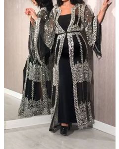 Black Sequin Bronzing Belt Two Piece Long Sleeve Elegant Banquet Maxi Dress