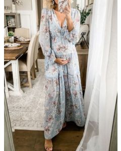 Blaues florales drapiertes vorne geschlitztes Umstandskleid für Babyshower V-Ausschnitt elegantes Maxikleid für Schwangere